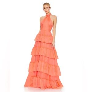 Ieena for Mac Duggal 55819 NWT Ruffle Skirt Halter Neck Dress in Peach